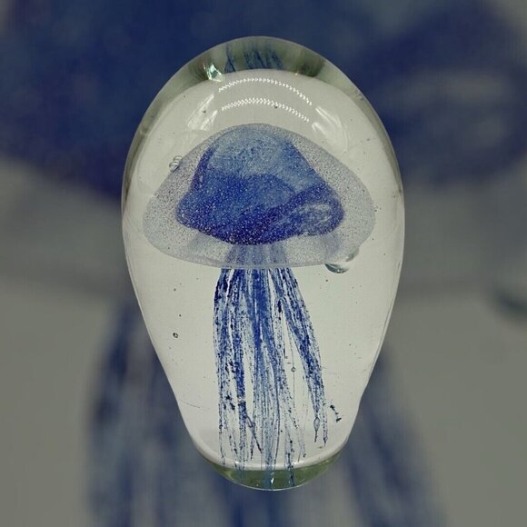 Art Glass Mouth Blown Sapphire Jellyfish Handmade 6"High Paperweight Collectible - Picture 5 of 16